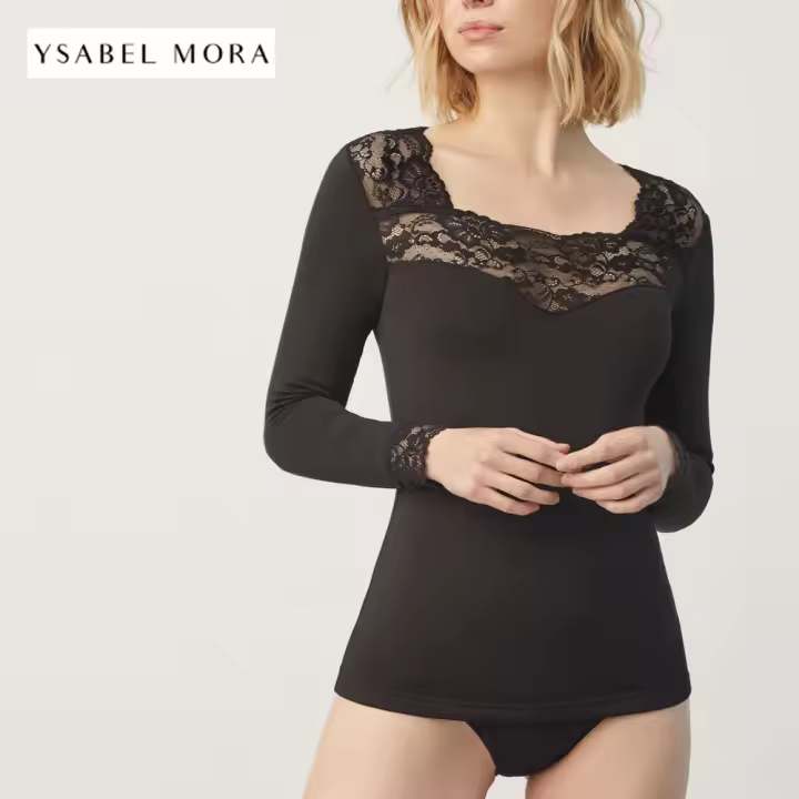 YSABEL MORA - 70005 Camiseta mujer manga larga termica con puños y cuello cuadrado de encaje - 1