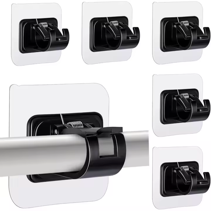 6 soportes para barra de cortina, autoadhesivos, ajustables sin clavos, fijación de pared (negro) - 1