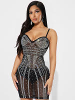 Vestido Ultra Corto De Malla Transparente Para Mujeres Con Diamantes Y Suspensión Moda De Oficina De Corte Ajustado Para Otoño - details 2