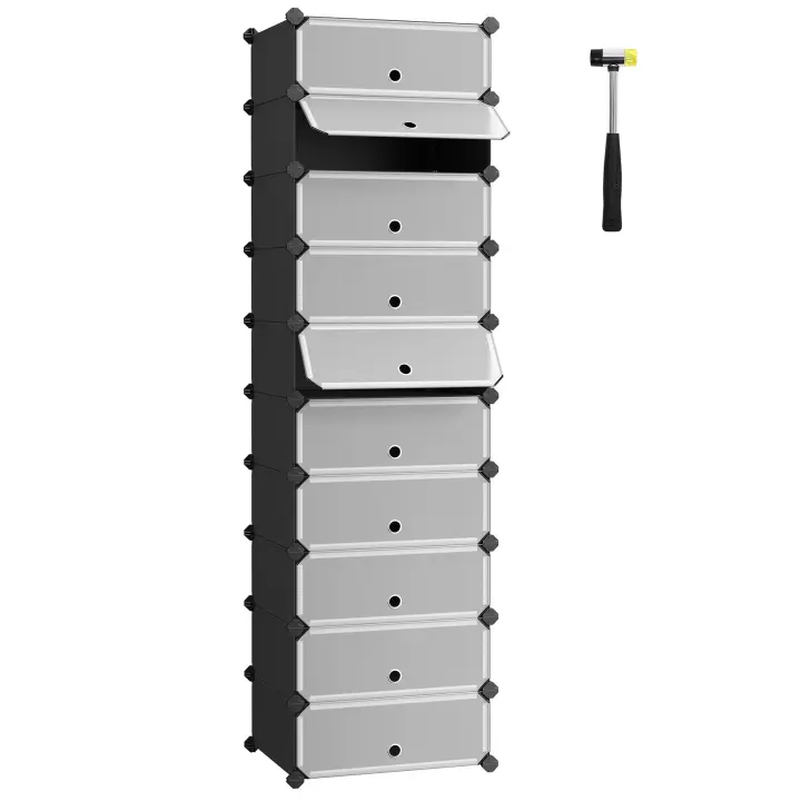 SONGMICS Muebles para Zapatos con 10 Compartimentos, Estante Modular de plástico, Caja de Almacenamiento para Zapatos, con Puerta y mazo, Gris/Negro/Marrón Rústico - 1
