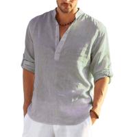 Nueva camiseta de manga larga de lino para hombre, camisa informal holgada de Color sólido, camisa de lino de algodón de manga larga - details 11