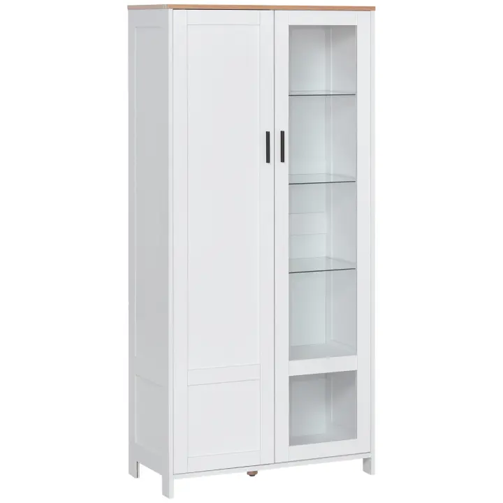 HOMCOM Alacena de Cocina Mueble Auxiliar de Cocina con Puerta de Vidrio Estantes Ajustables y Patas Elevadas para Salón Comedor 76x36x160 cm Blanco - 1