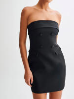 Vestido Mini Elegante Sin Hombros Trasero Abierto A-line Para Mujer Con Botón Y Bolsillo Vestido De Noche Veraniego Sexy Para Fiesta Vestido Bodycon De Polyester - details 2