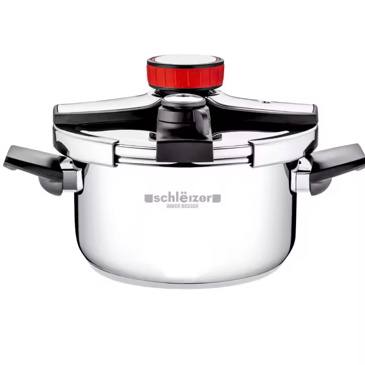 Olla a Presión Super Rápida 6 litros Schleizer, Válvulas de seguridad, valido para todo tipo de cocina, Full inducción acero 18/10 - 1
