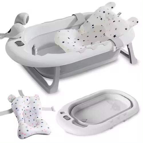 COZYNEST Bañera Bebé Plegable con Cojín Antideslizante y Termómetro, Soporte para Alcachofa de Ducha y Juguete Delfín  Bañera bebe Portátil, Compacta y Segura para Recién Nacidos y niños - 1
