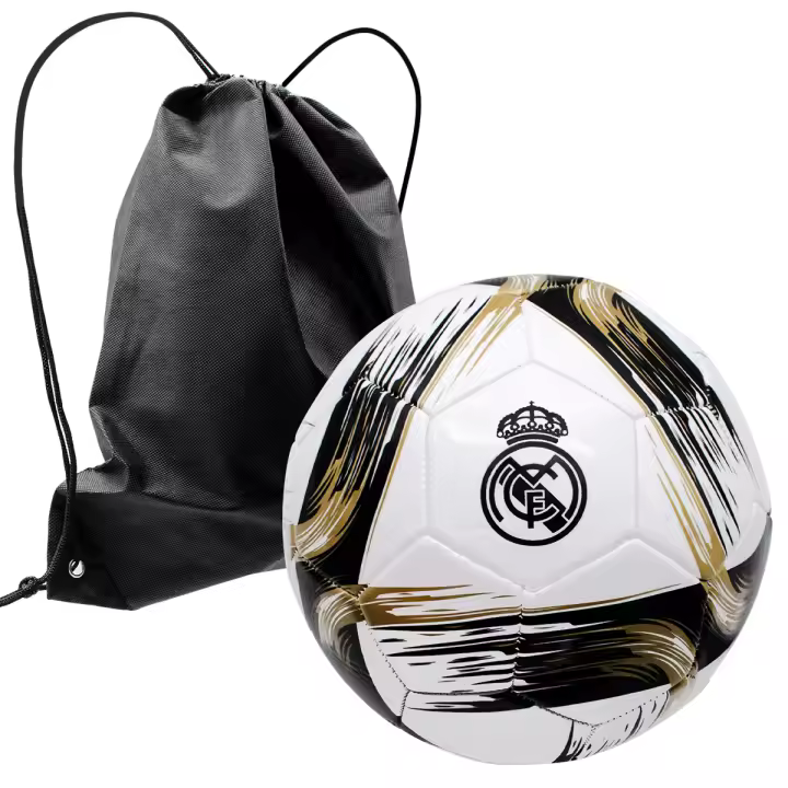 Balón Real Madrid Diseño Pinceladas Negro y Dorado Nº59 Talla 5 Producto Oficial + Mochila Negra para Llevarlo a la Playa, Piscina, Campo - 1