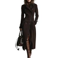 Abrigo De Trench Mujer Chocolate Cuero Double-Breasted Largo Elegante Para Oficina Y Salida Estilo Trendy 2026 Cierre Único Bolsillos - details 2
