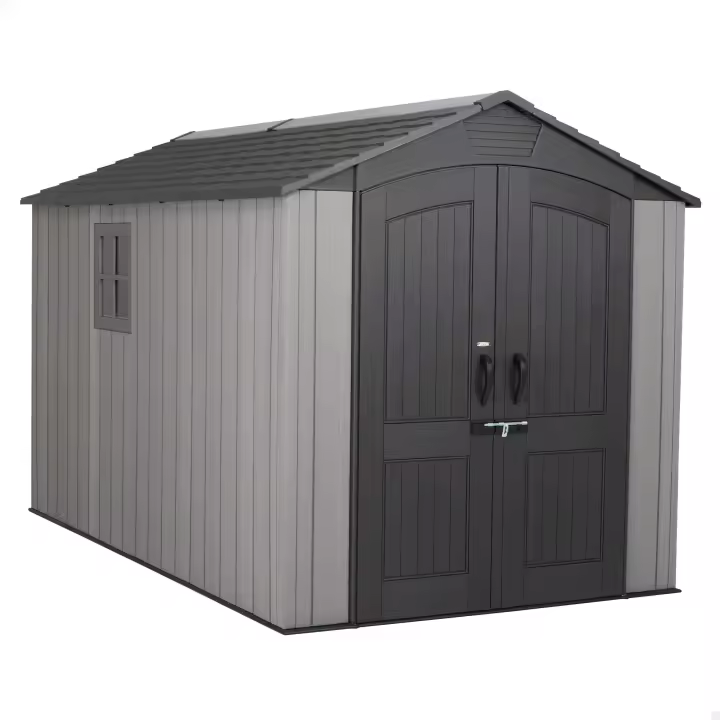Lifetime - Caseta de jardín 7,8 m², suelo antideslizante, fabricada de polietileno HDPE, 2 ventanas, estantes incluidos, tejado inclinado, doble puerta con cerradura (candado no incluido), ideal para herramientas y almacenaje exterior - 1