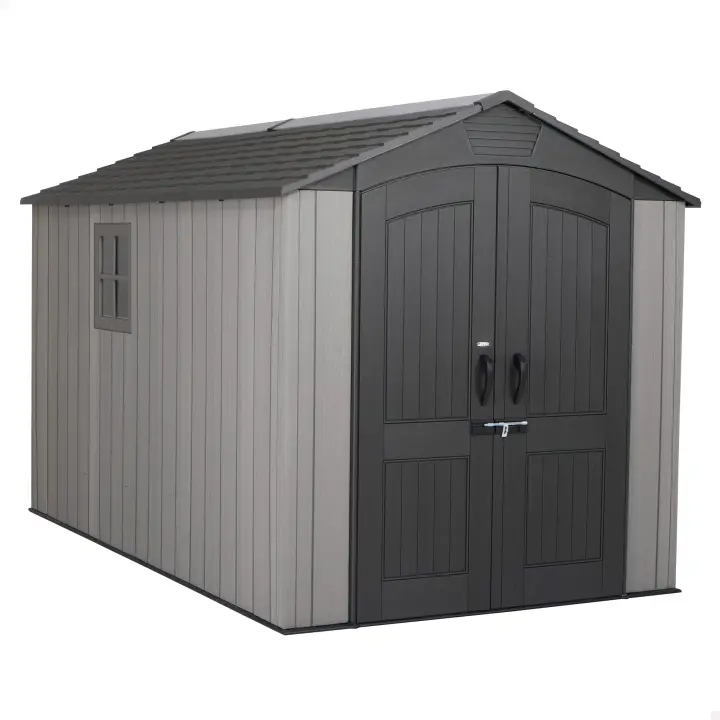 Lifetime - Caseta de jardín 7,8 m², suelo antideslizante, fabricada de polietileno HDPE, 2 ventanas, estantes incluidos, tejado inclinado, doble puerta con cerradura (candado no incluido), ideal para herramientas y almacenaje exterior - 1