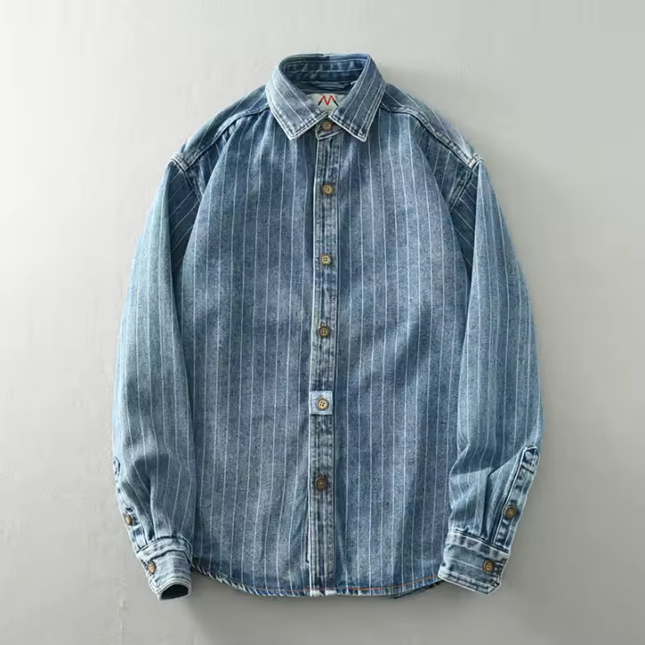 Camisa De Mezclilla Clásica Retro Para Hombre Con Mangas Largas Lavada De Talle Suelto Azul Tendencia plus Size Camisa Casual - 1