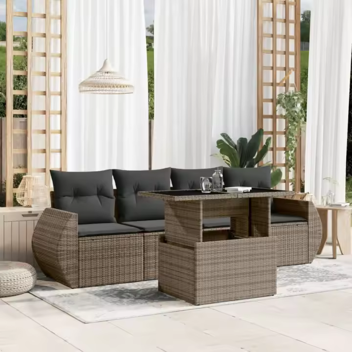 vidaXL Juego de sofás jardín con cojines 5 pzas ratán sintético gris - 1