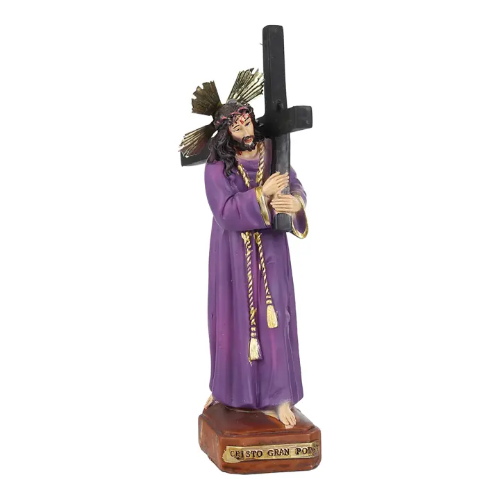CM - Cristo del Gran Poder. Altura 19-30cm. Estatua de Jesús hecha con Resina, Figura Jesús con la Cruz y manto Morado. Figura Religiosa Decorativa. Ideal para Casas, Salones, Dormitorios, Iglesias, Capillas - 1