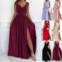 Mujeres color sólido una línea delgada V cuello sin mangas encaje patchwork backless split Maxi vestido largo - details 1