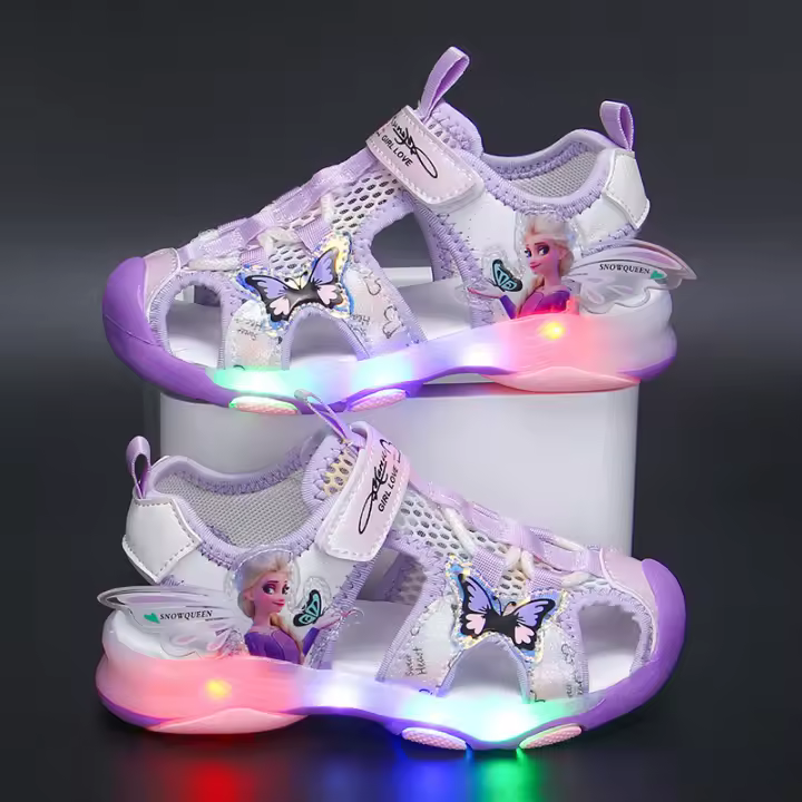 Sandalias LED Disney Frozen Elsa Para Niñas Verano Deportivas Playa Rosa Morada Zapatos Brillantes Suaves Tallas 25-30 Cierre Con Hebilla Material Superior Fabricado - 1