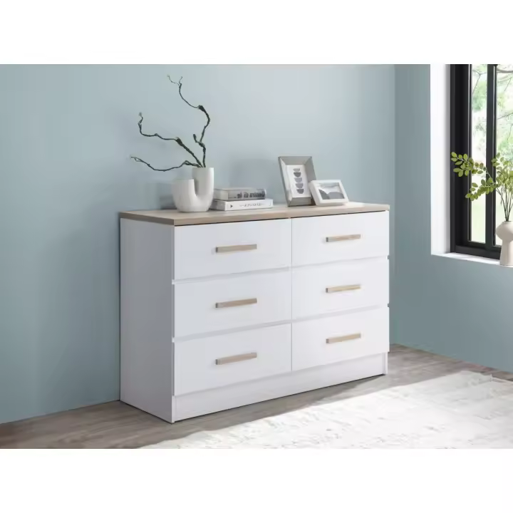 Vente-unique - Cómoda de 6 cajones - Blanco y natural - SKAIDO - 1