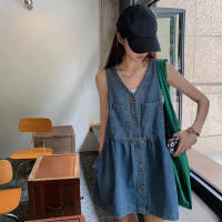 Vestido Sin Mangas Para Mujer Estilo Coreano Verano Con Bolsillos Y Botones Vestido Denim A-Line Mini Vestido Vintage De Cuello V - details 9