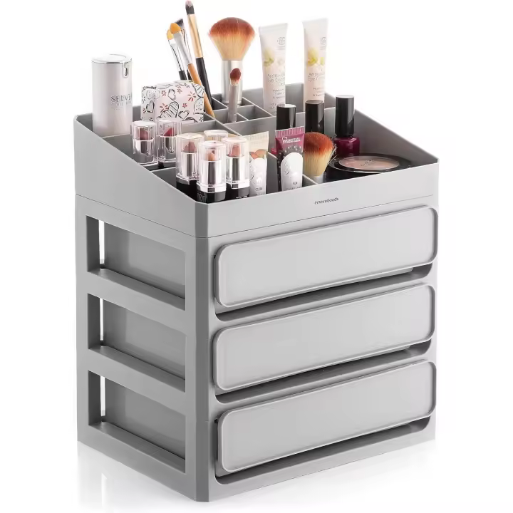 InnovaGoods®Organizador de Maquillaje with 3 Cajones, 9 comparttimientos, Bandeja Extraible, Almacenamiento en baño or Dormitory, para Pintado, paletas, cremas, Set Expositor Maquillaje. Gris - 1