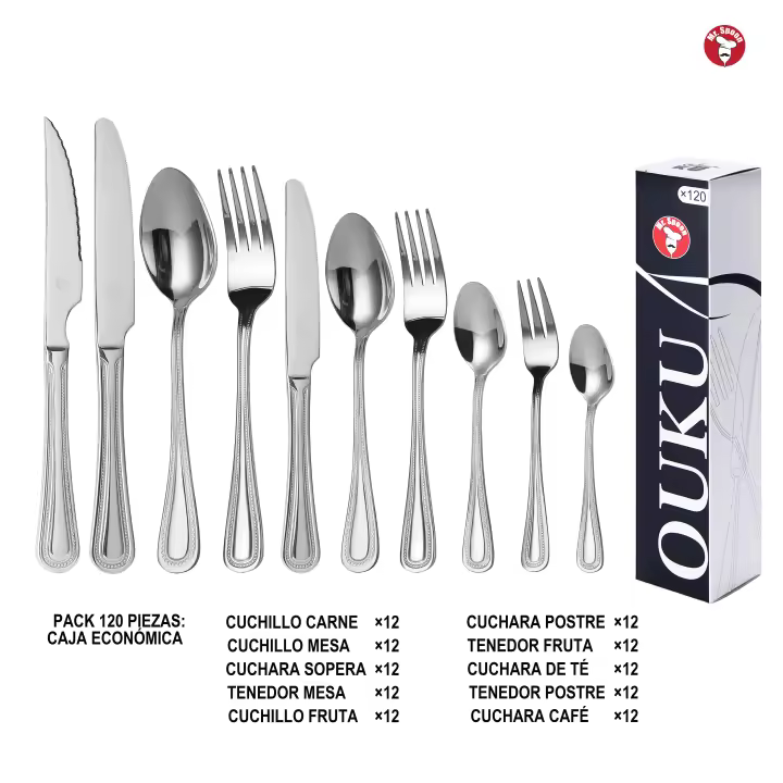 Mr.Spoon Serie Bola Juego 96,108 o120 piezas cubiertos,Acero Inoxidable 18/0,Plateado,Económico y funcional,Incluye cuchillo carne o mesa,tenedor,cuchara,cucharilla,etc. Mango monobloque,Apto para lavavajillas,Empaque ecológico,Para casa,hotel,restaurante - 1