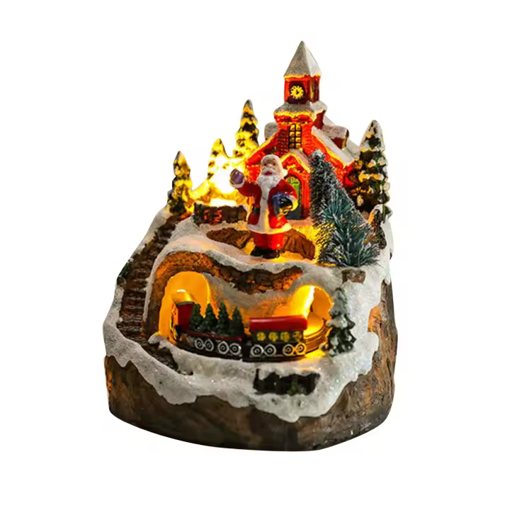 Juegos de casas de pueblo de Navidad, figuritas de exhibición de tren giratorio, luz LED, decoración Musical de vacaciones de Navidad, Papá Noel - 1