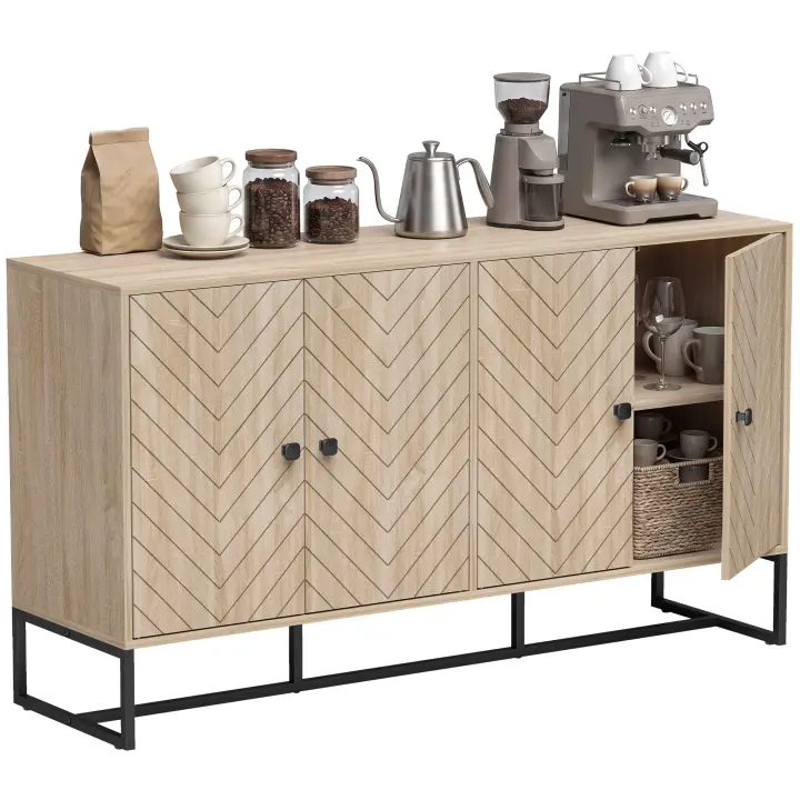 HOMCOM Aparador de 4 Puertas con Diseño Chevron, Aparador de Salón con Estantes Ajustables, Patas de Acero, para Cocina, Entrada, Dormitorio, Roble, 140,5x40x81,5 cm - 1