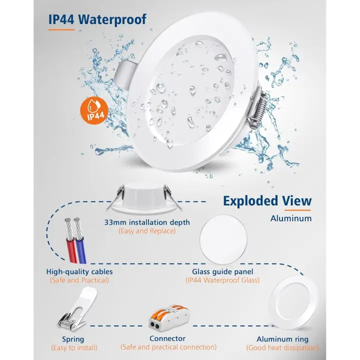 ZVD [PACK 6] Focos LED Empotrados 5W 230V, Bombilla Techo LED empotrables Plano LED radiantes, Ojo de Buey LED baño 3000/4000/6500K, foco techo con CRI90, IP44, para Pasillo, baño salón cocina dormitorio - 1