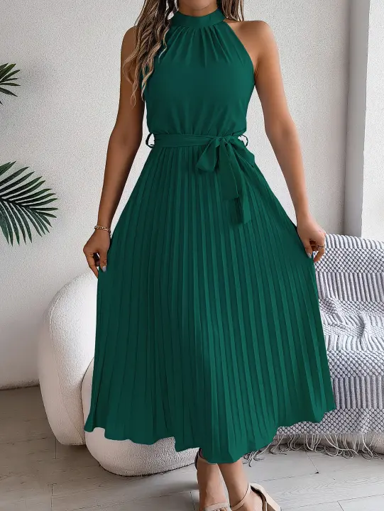 Vestido De Cintura Definida Con Cuello Erguido Y Pliegues Para Mujer Elegante Sin Mangas Para Primavera Y Verano - 1