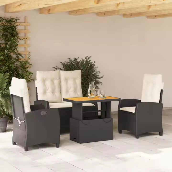 vidaXL Juego comedor jardín 4 piezas con cojines ratán sintético negro - 1