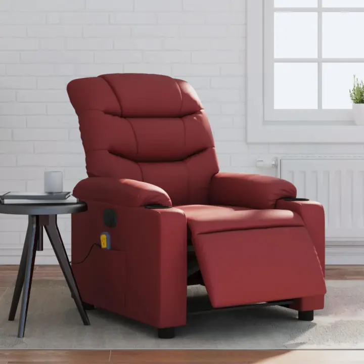 vidaXL Sillón masaje reclinable eléctrico cuero sintético rojo tinto - 1