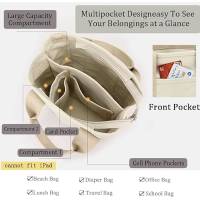 Canvas Handmade Tote Bag with Compartments and Zipper, Women's College School Work Travel Multifunctional Shoulder Bag Green - Smal - details 2