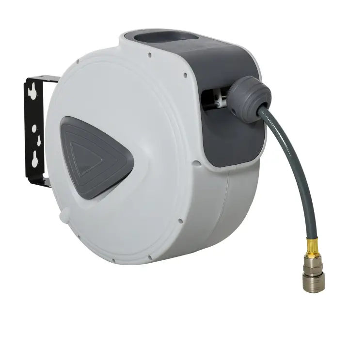 DURHAND Carrete de Manguera de Aire Comprimido Automático de 15 m Conector de 1/4'' BSP con Soporte para Pared Giratorio 180° Diámetro Interno 3/8'' (9,5x15 mm) Gris - 1