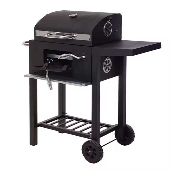 WELL HOME - Barbacoa de carbón color negro con doble parrilla y mesa auxiliar H.96cm - 1