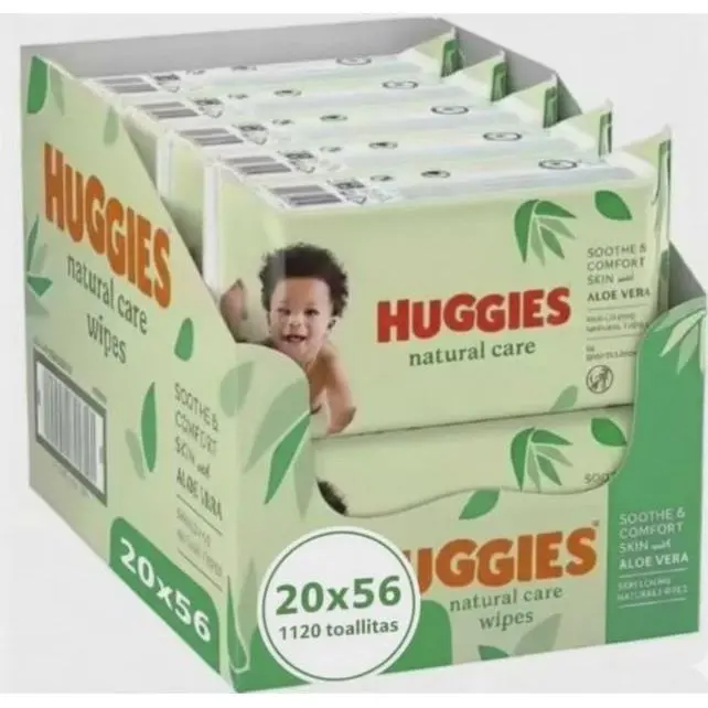 Huggies Natural Care 1120 Toallitas (20 packs de 56 Toallitas). 99% Agua y con Aloe Vera. Suaves Fibras Naturales de Origen Vegetal, Hipoalergénicas, Sin Parabenos, Calman y Reconfortan la Piel. - 1