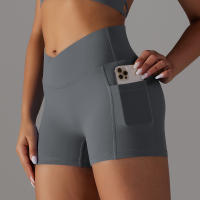 Shorts De Yoga Para Mujer Con Cintura Alta Y Bolsillos Diseño Cruzado Transpirables Y Secado Rápido Para Gimnasio Running Ejercicio - details 29