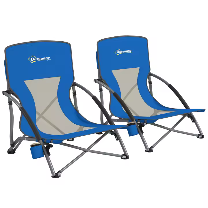 Outsunny Pack de 2 Sillas de Playa Plegables Ligeras Sillas de Camping Portátiles Bajas con Respaldo de Malla Portavasos Reposabrazos y Bolsa de Transporte para Acampada Jardín Pesca Carga 120 kg Azul - 1