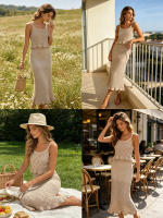 Conjunto De Ropa Elegante Para Mujer 2 Piezas Primavera/Verano 2026 Camisola Y Falda Midi De Punto Con Volante Y Salto Hollow out - details 0