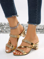 Sandalias Y Sandalias De Verano Para Mujer Con Tacón Medio Y Tacón Grueso Abiertas Con Rhinestones Tacón Alto Para Mujer - details 1