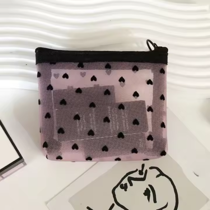 Bolsa De Cosméticos En Forma De Corazón Con Malla Portátil Pouch De Nylon Monedero Organizador De Auriculares Y Labial - 1