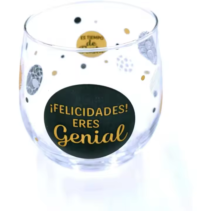 Vaso de vidrio con la frase "¡Felicidades! Eres Genial" y elementos decorativos - 1