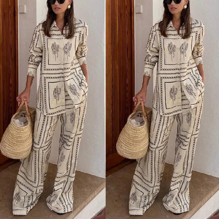 Conjunto De Camisas Y Pantalones Para Mujer Estilo Casual Cuello En V Manga Ancho Cintura Alta Pantalones Anchos Para Uso Doméstico Y Salida - 1