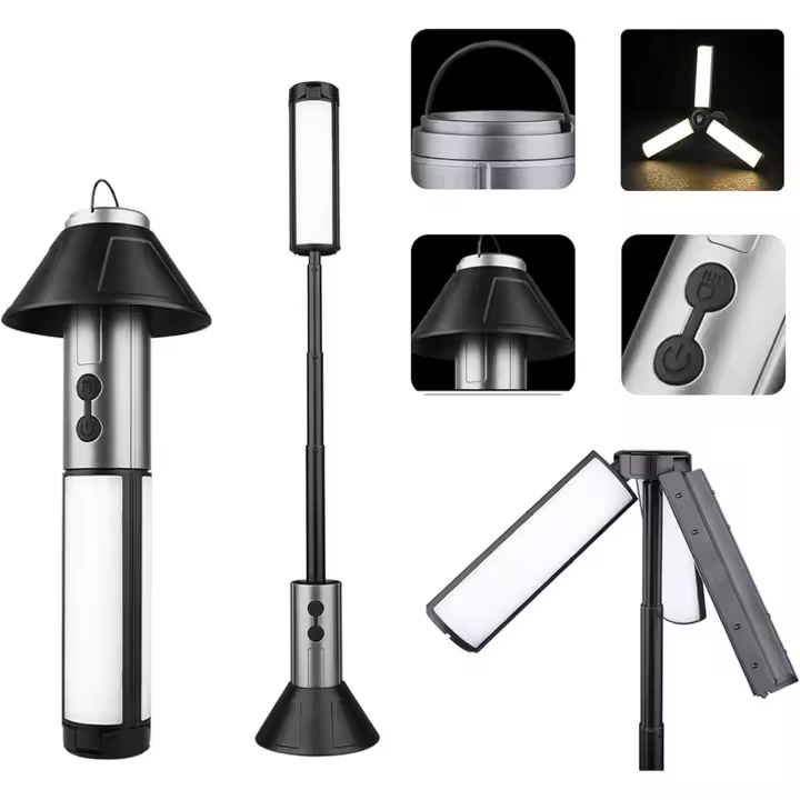 Linterna de camping recargable de 5000 mAh con soporte, altura máxima de 53 cm, luz de trabajo inalámbrica con 3 cabezales LED, 800 lúmenes, 3000/4000 lúmenes, regulable, Essentials Gear, linterna de emergencia (negra) - 1