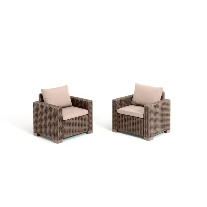 Keter Set de 2 Sillones para Terraza, Jardín y Balcón con Cojín Grueso de Calidad en Color Cappuccino y Resina Efecto Ratán - Conjunto de Exterior para Disfrutar Todo el Año - 1