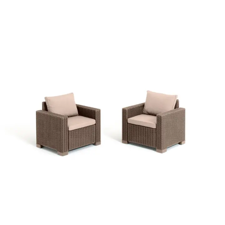 Keter Set de 2 Sillones para Terraza, Jardín y Balcón con Cojín Grueso de Calidad en Color Cappuccino y Resina Efecto Ratán - Conjunto de Exterior para Disfrutar Todo el Año - 1