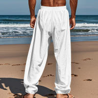 Pantalones rectos con cordones de algodón y lino para hombre, de estilo playero, finos y con cordón, para el tiempo libre, para las cuatro estaciones. - details 2