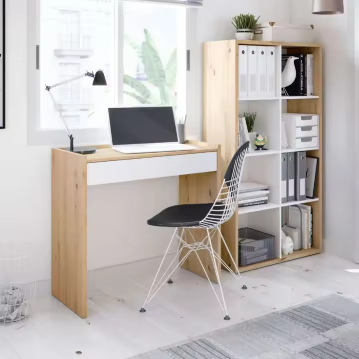 Pack Escritorio con Estantería Juvenil Estilo Moderno Blanco Artik y Roble Nodi Estudio Oficina - 1