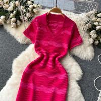 Vestido Midi De Playa Con Estampado De Rayas Y Cuello En V De Moda Para Mujer Vestido Bodycon Con Salto Hollow out Manga Corta Ajustado - details 10