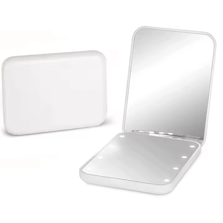 Espejo de bolsillo, espejo de maquillaje compacto de viaje con luz LED y aumento 1X/2X, de doble cara, portátil, plegable, pequeño espejo iluminado para regalo, blanco - 1