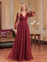 Vestido De Noche Elegante De Tulle Con Cuello En V Manga Larga Para Mujer Floor-Length Fiesta Cocktail Graduación Prom Chiffon - details 5