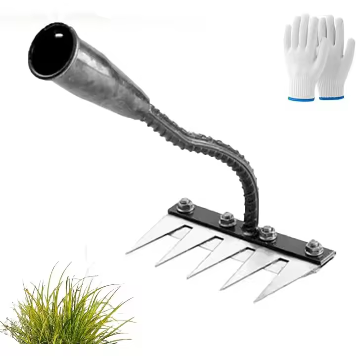 Rastrillo de Hierro 2.0 - Rastrillo de Hierro para Jardinería y Deshierbe - Rastrillo de Paja para Césped con Púas Metálicas, Rastrillo Multifuncional de Acero al Carbono de 5/6/7/8 Dientes, para Patio, Granja y Jardín (5 Dientes) - 1