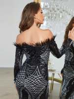 MGIACY Vestido De Cola De Pez Largo Con Solapas De Pluma De Avestruz Brillante Y Cuello En V Para Mujer Vestido De Fiesta - details 2