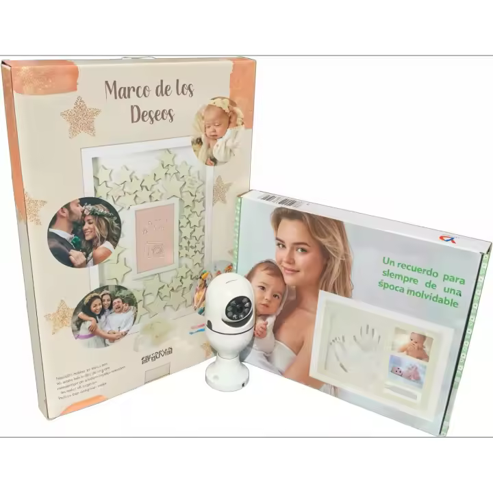Kit Regalo Recién Nacido 3 en 1 | Marco de Huellas + Marco de los Deseos + Cámara Vigilabebés 360° WiFi | Recuerdo Personalizable y Seguridad para Baby Shower, Bautizo o Padres Primerizos - 1